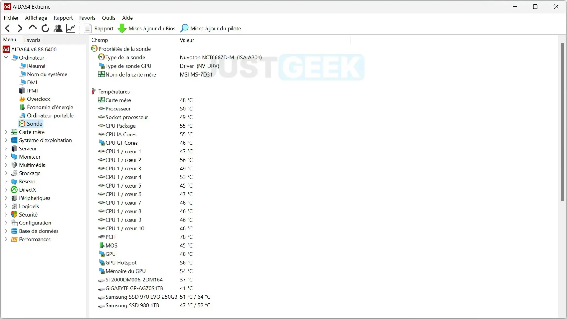 Écran d'accueil d'AIDA64 présentant un diagnostic détaillé des composants du PC.