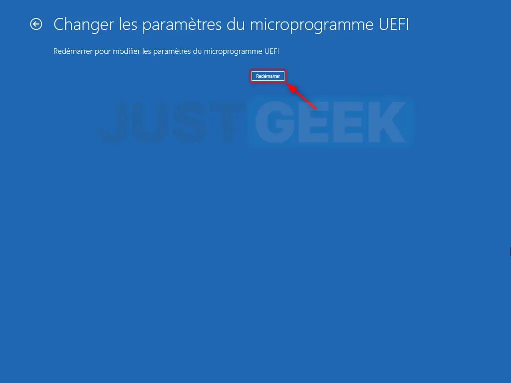 Bouton « Redémarrer » à cliquer pour accéder à l'UEFI.