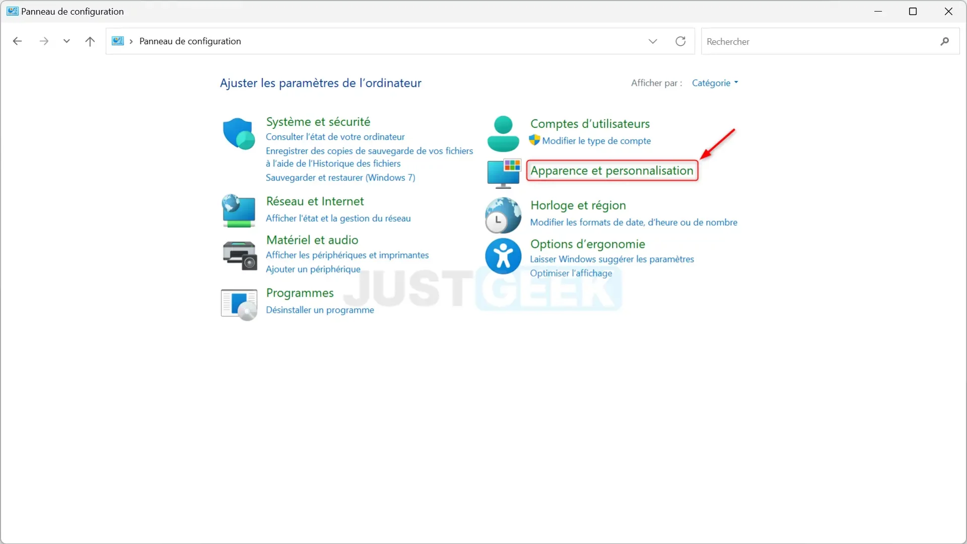Section Apparence et personnalisation du Panneau de configuration de Windows 11