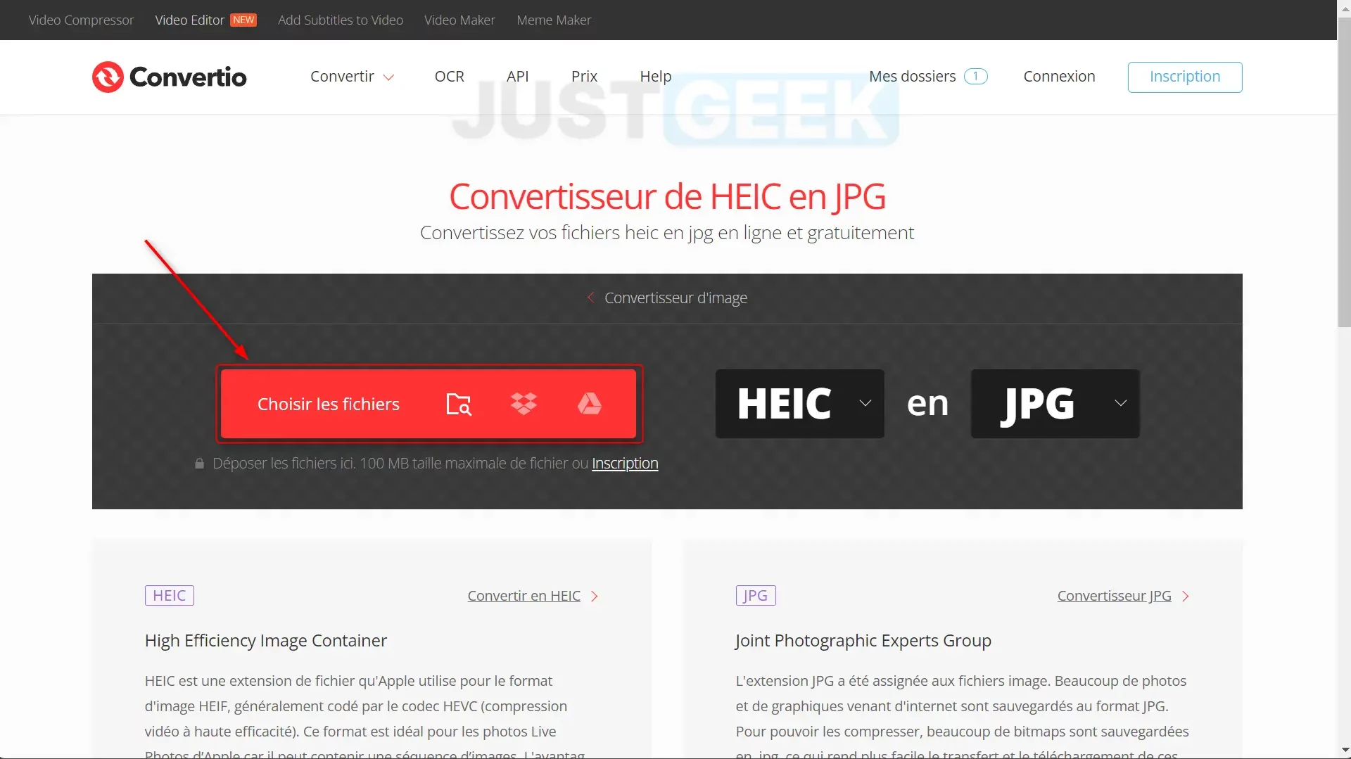 Bouton "Choisir les fichiers" sur Convertio pour uploader une photo HEIC.