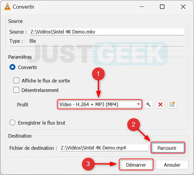 Menu déroulant du 'Profil' dans VLC avec le format 'Video - H.264 + MP3 (MP4)' sélectionné et l'interface pour choisir le répertoire de destination.