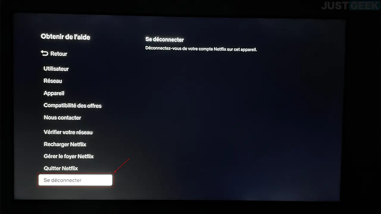 Option "Se déconnecter" dans le menu de l'application Netflix sur écran TV