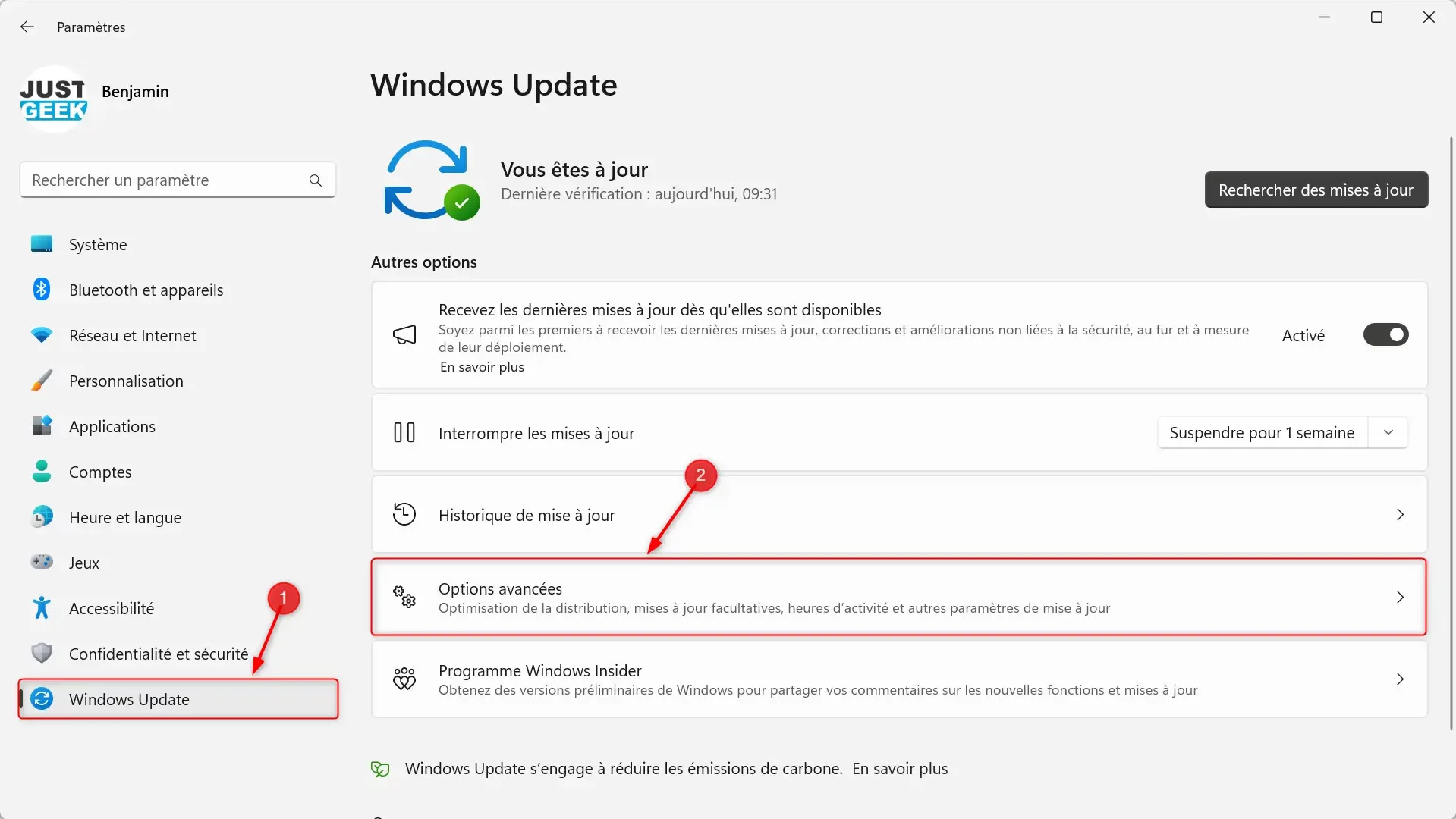 Paramètres de "Windows Update" dans Windows 11