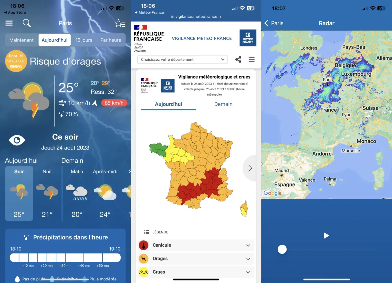 Interface de l'application Météo-France