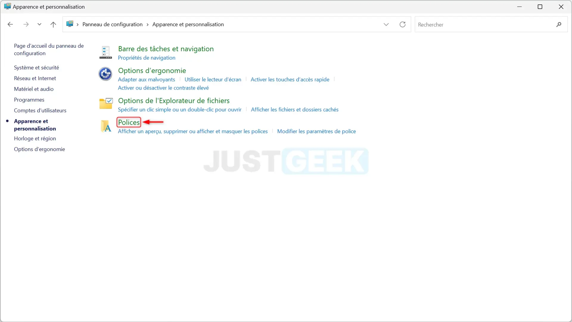 Section Polices du Panneau de configuration de Windows 11