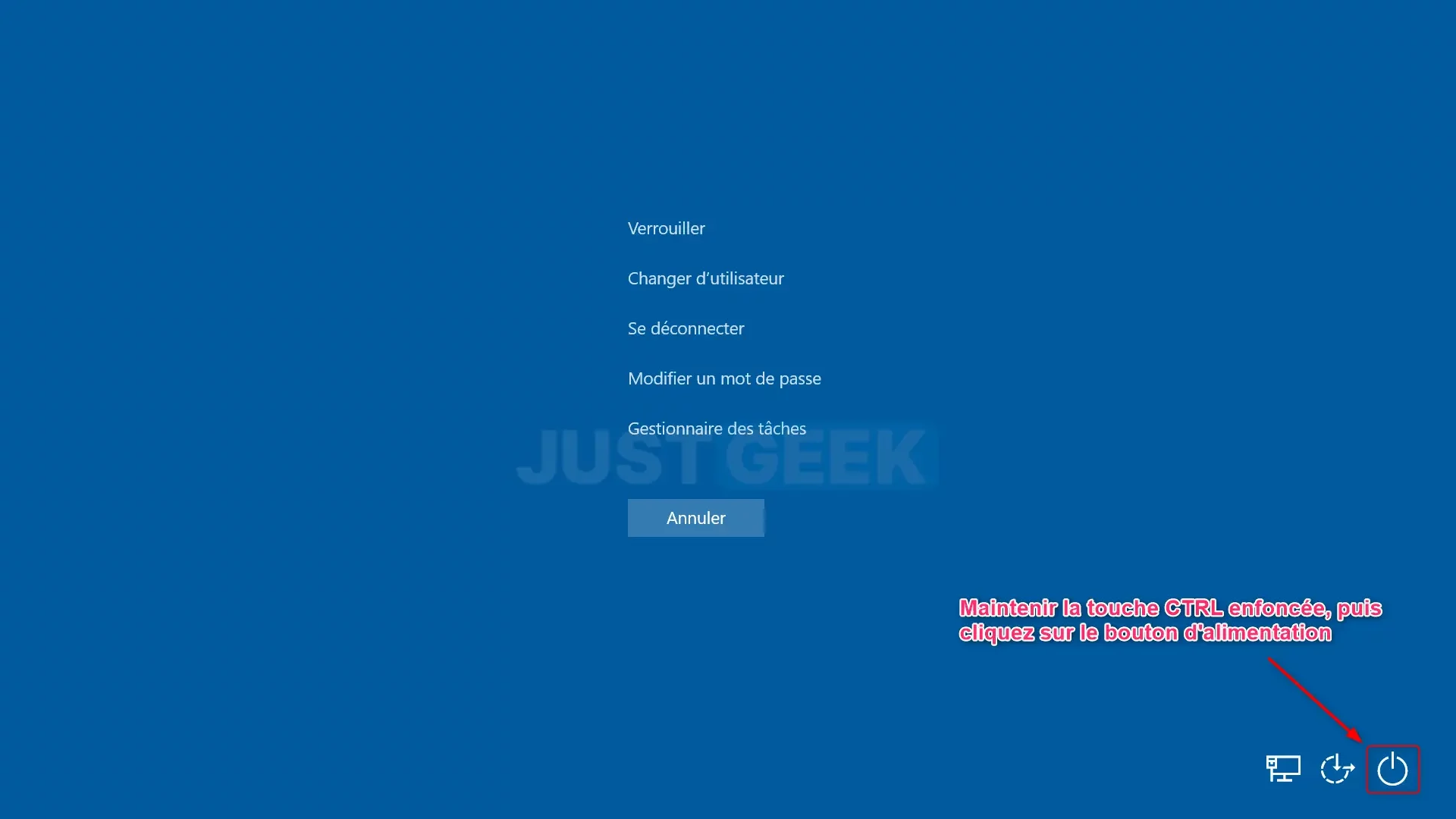 Capture d'écran montrant le bouton de démarrage en bas à droite lorsqu'on maintient la touche CTRL après avoir appuyé sur CTRL + ALT + Suppr