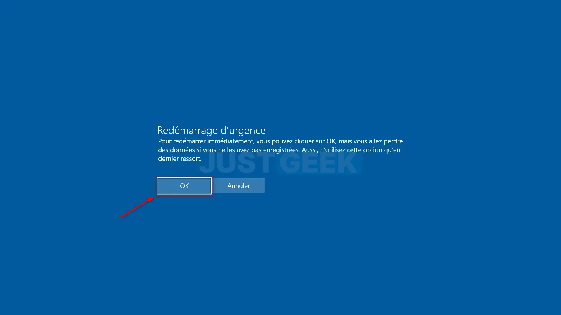Fenêtre de confirmation de redémarrage d'urgence sur Windows 10 avec le bouton 'OK' mis en évidence
