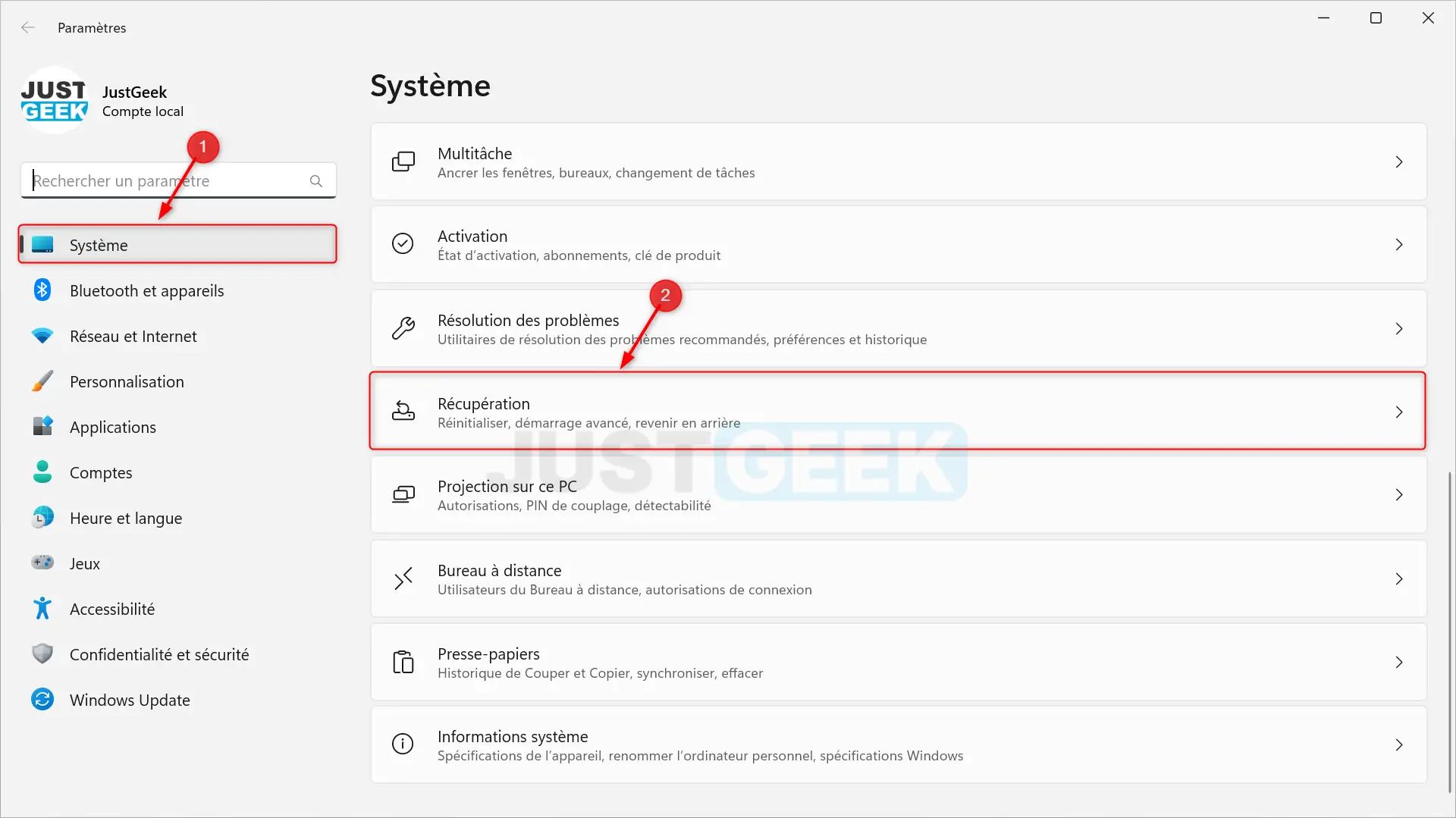 Ecran de configuration de Windows 11 montrant la section Récupération
