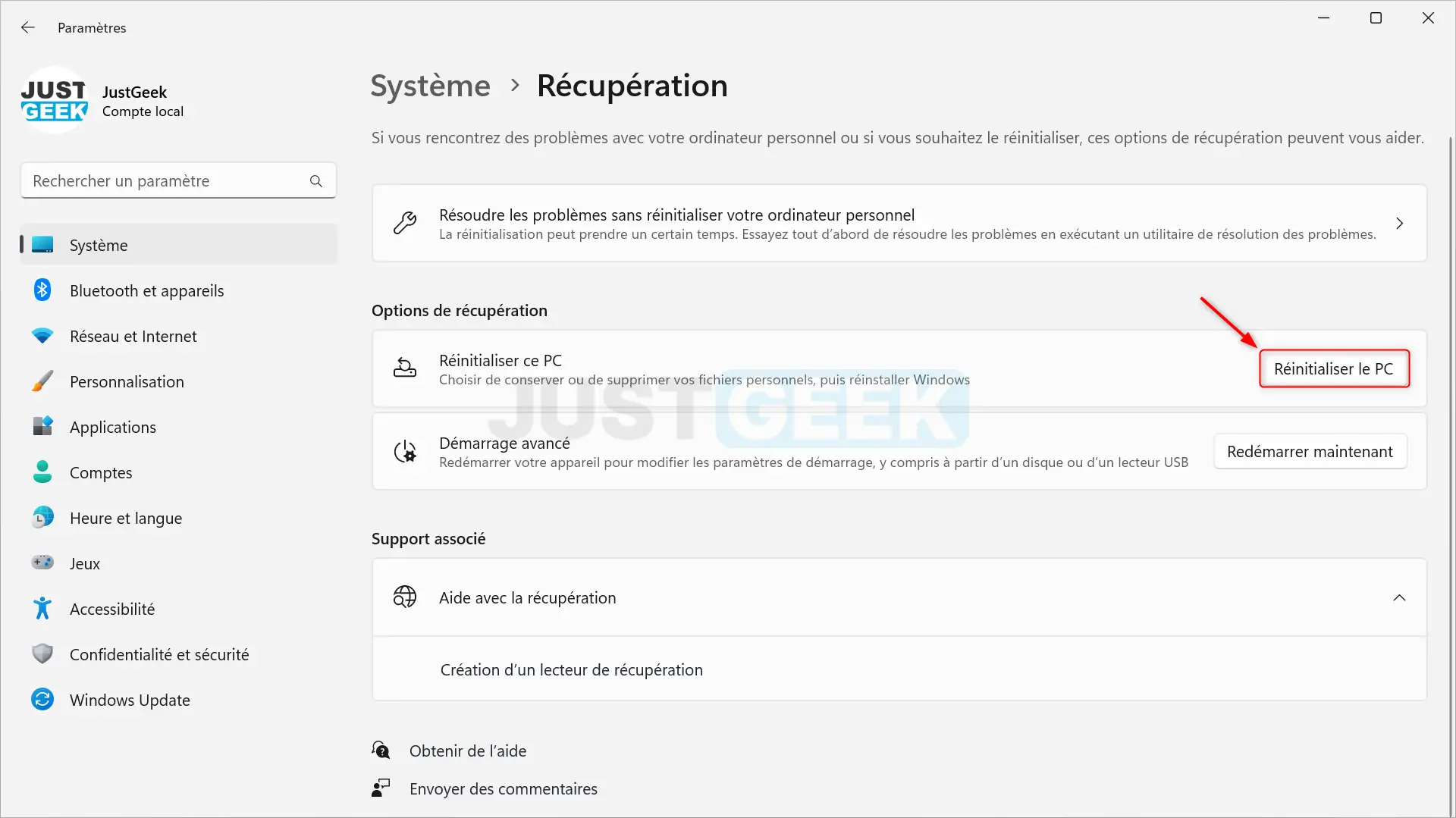 Réglages de récupération Windows 11 avec option de réinitialisation
