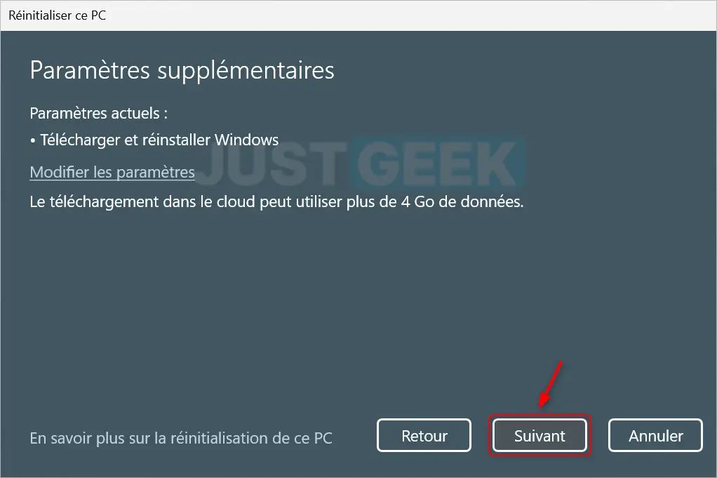 Guide de réinstallation Windows 11 : Bouton "Suivant" pour poursuivre