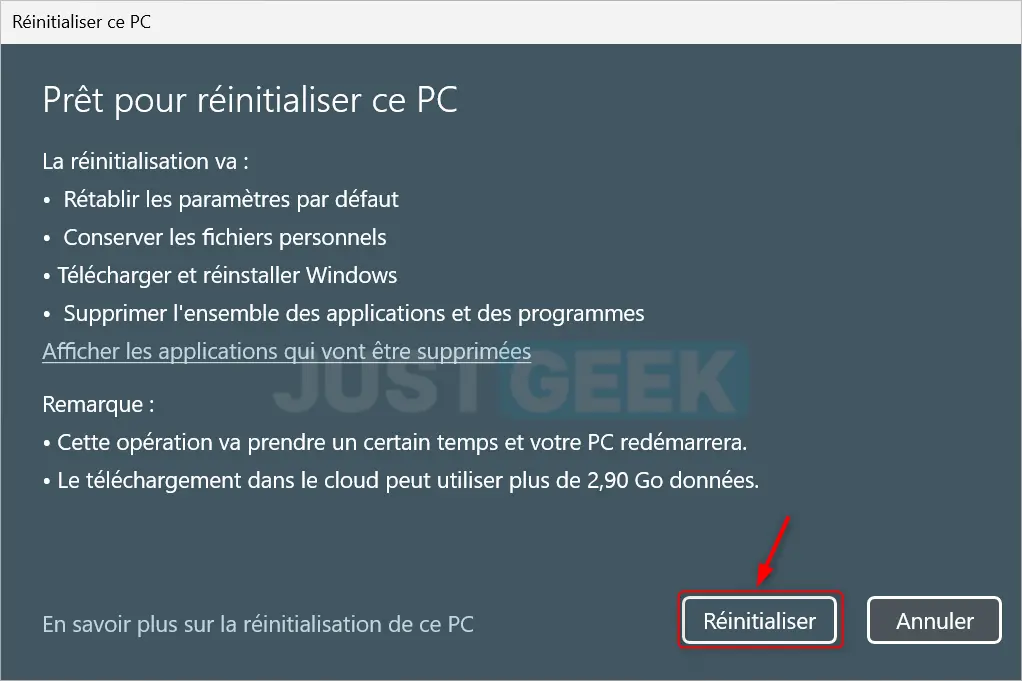 Finalisation de la réinstallation Windows 11 : Bouton "Réinitialiser" mis en évidence