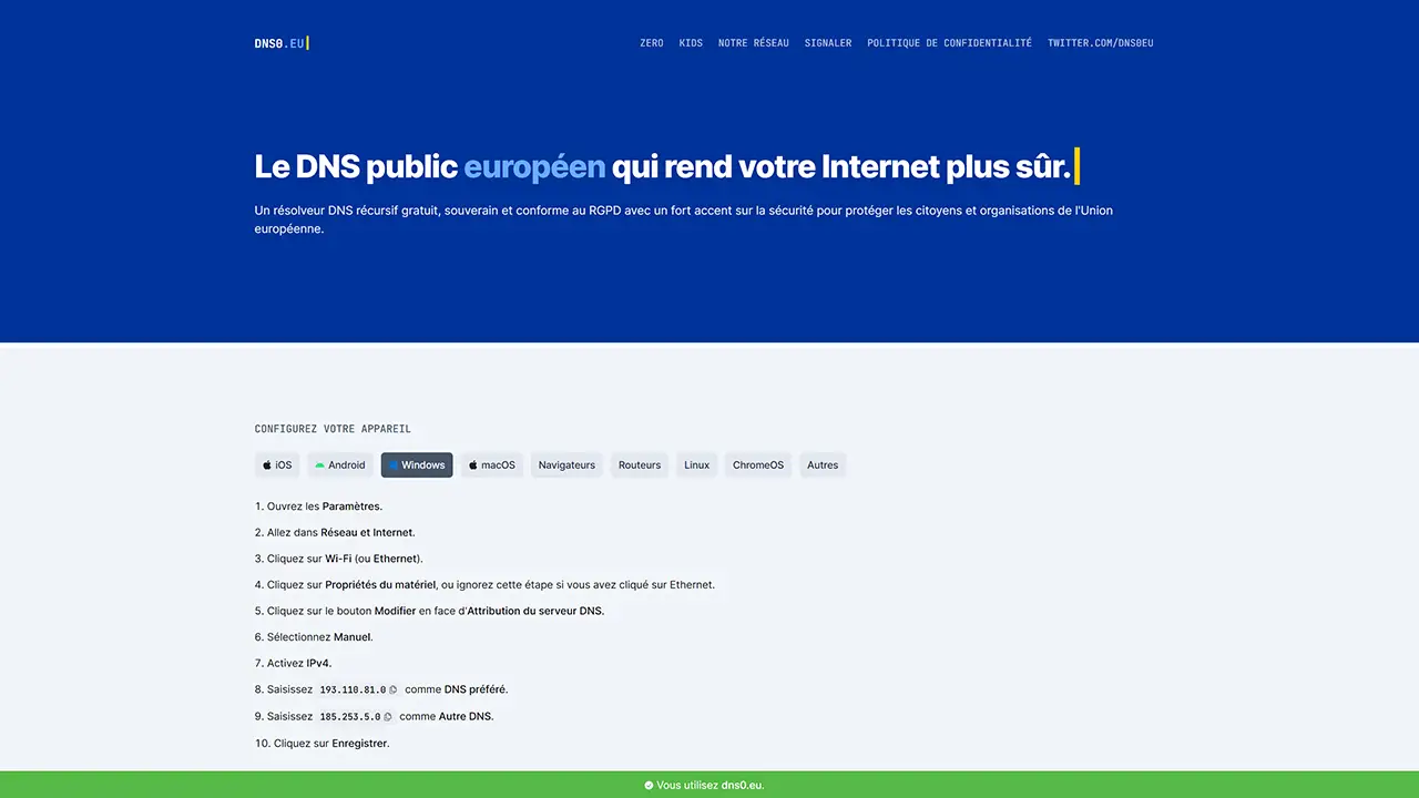 DNS0, un résolveur DNS public européen fiable et rapide.
