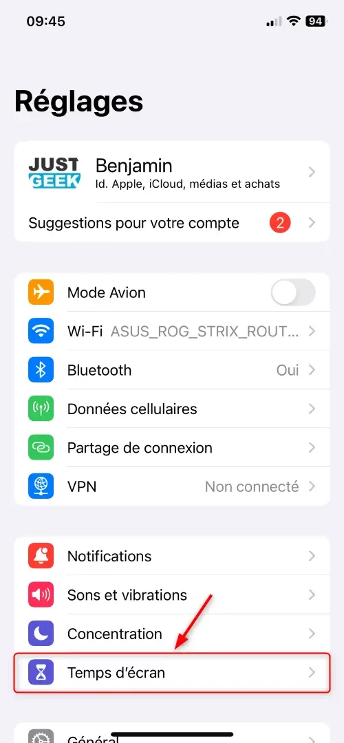 Section "Temps d'écran" dans les Paramètres de l'iPhone