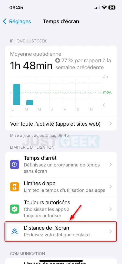 Option "Distance de l'écran" dans les paramètres de "Temps d'écran"