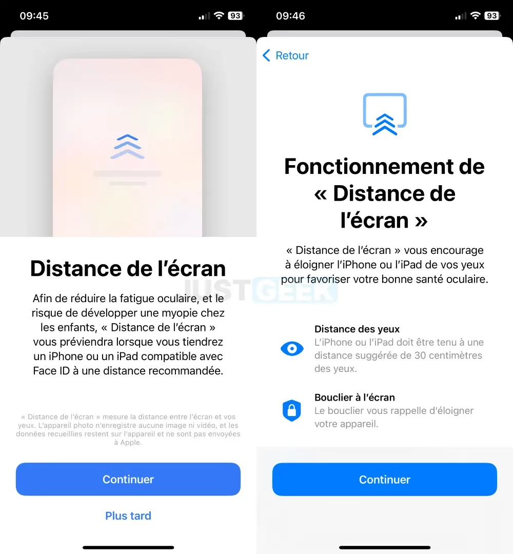 Fenêtre d'information pour la première activation de l'alerte de distance de l'écran