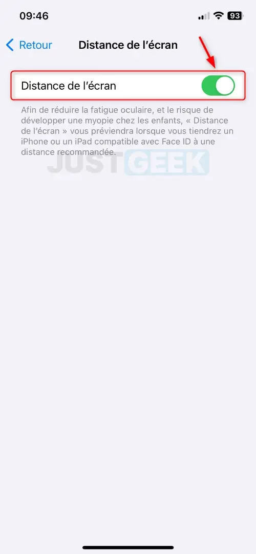 Bascule pour activer ou désactiver l'alerte de distance de l'écran sur iPhone