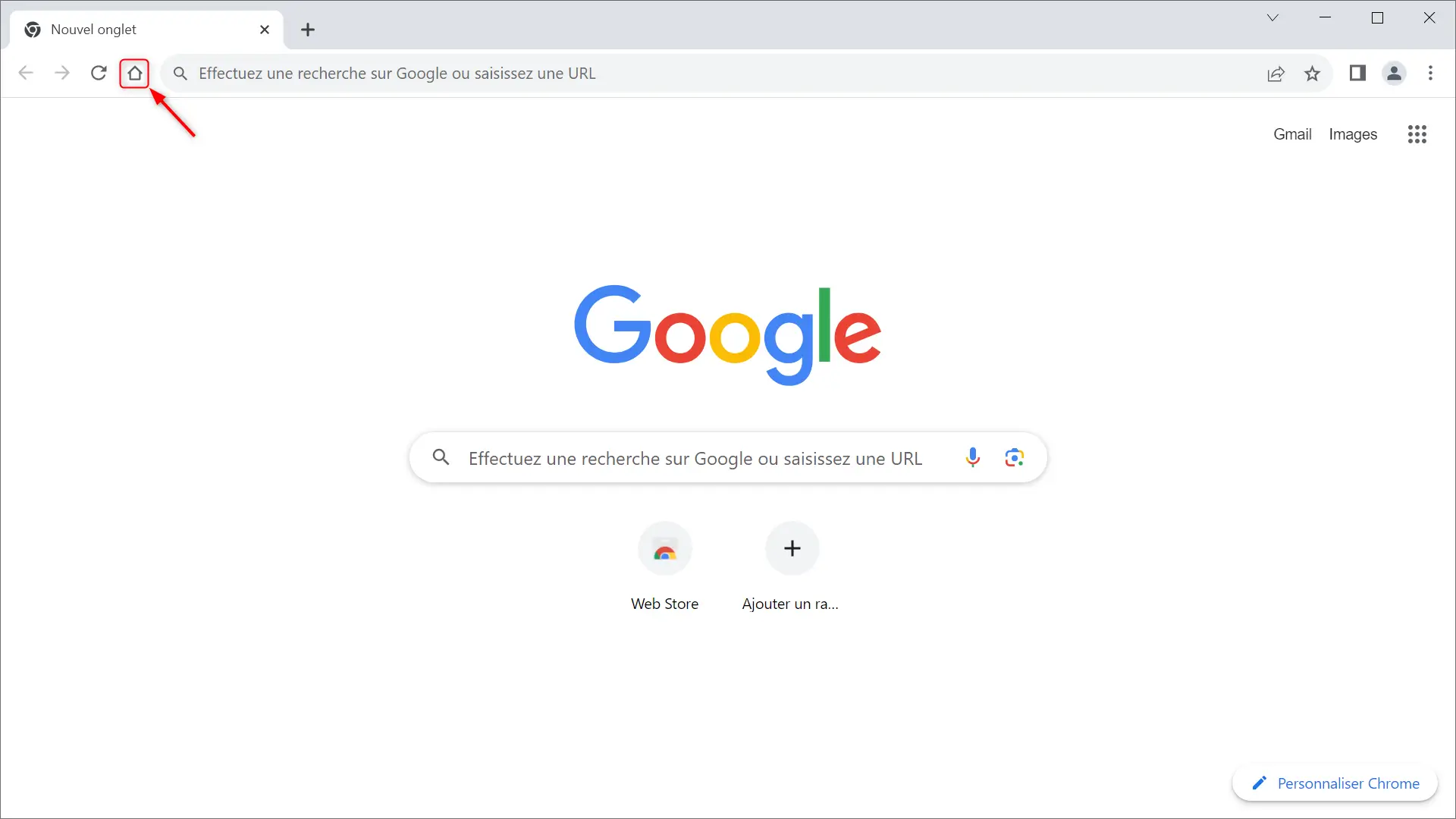 Icône du bouton Accueil sur Google Chrome.