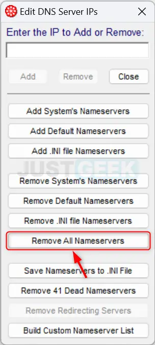 Supprimer la liste des serveurs DNS par défaut.