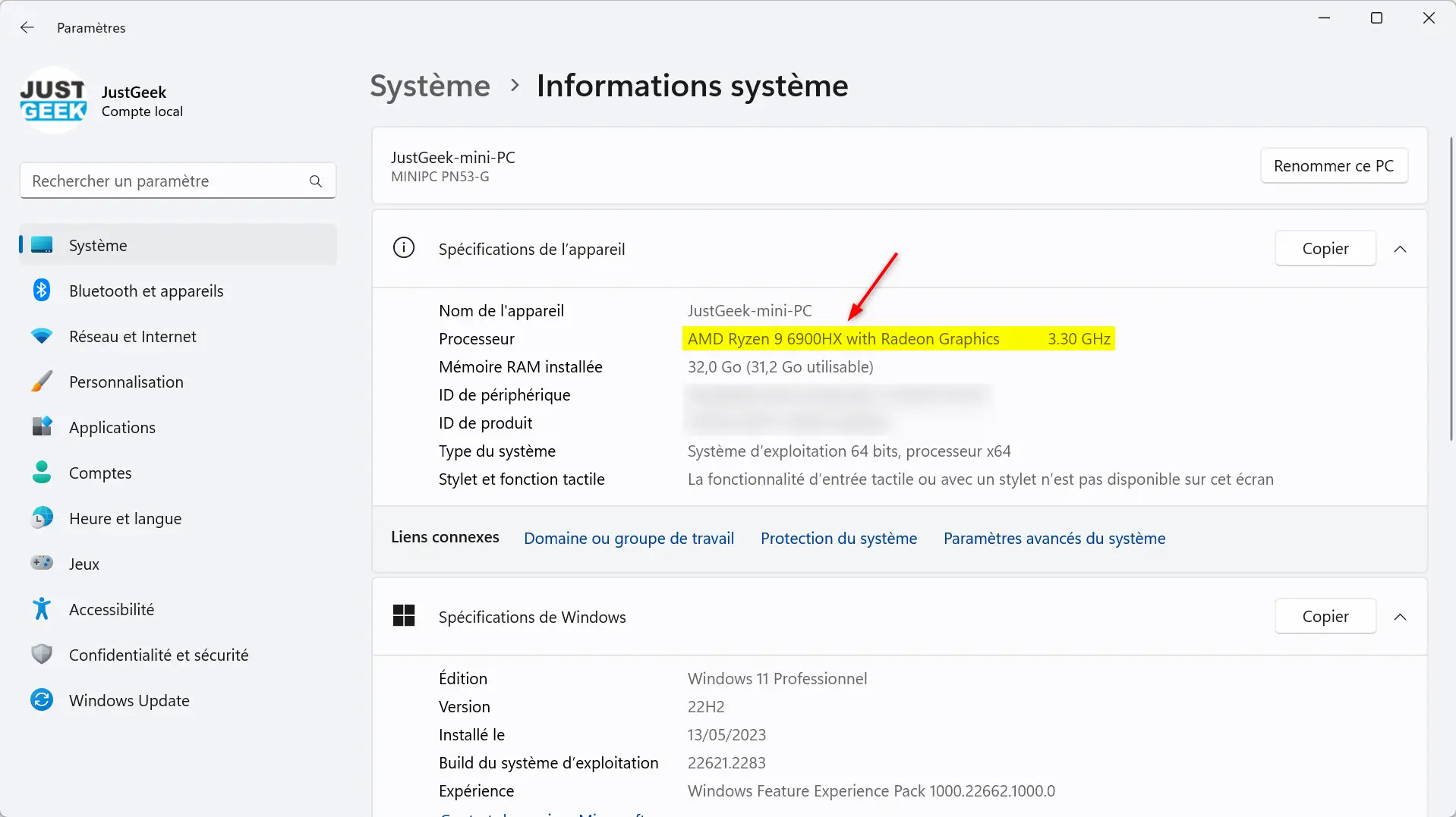 Section "Informations système" des Paramètres de Windows 11 affichant les détails du processeur.