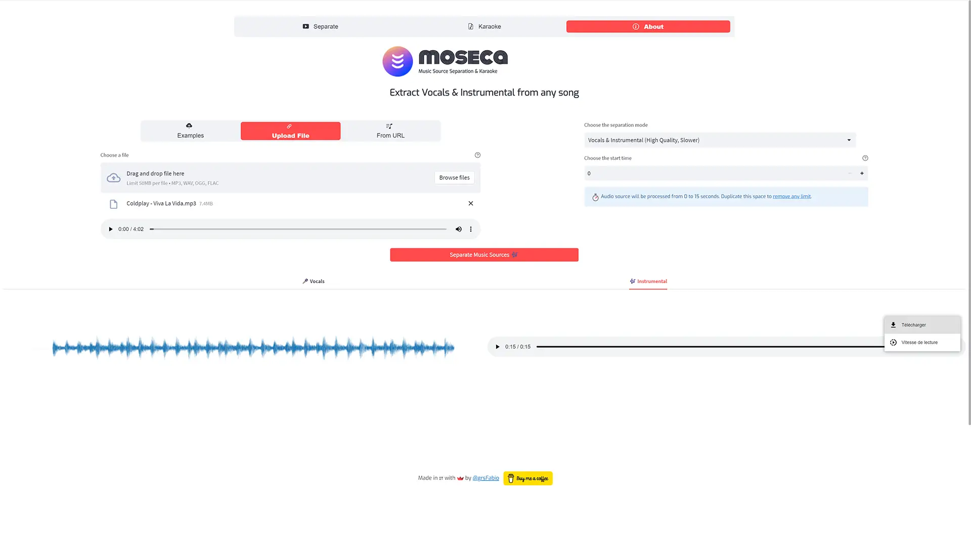 Moseca, une application web pour séparer les voix et instruments d'une chanson.