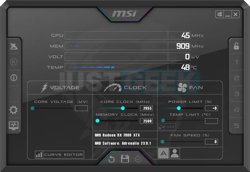 Interface du logiciel MSI Afterburner pour surveiller l'utilisation et la température de votre GPU et CPU.