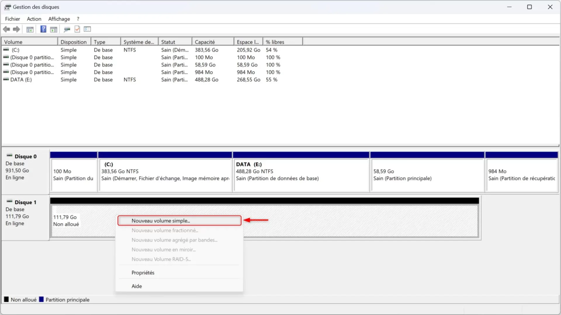 Créer un nouveau volume simple sur un disque non alloué dans l'outil Gestion des disques de Windows.