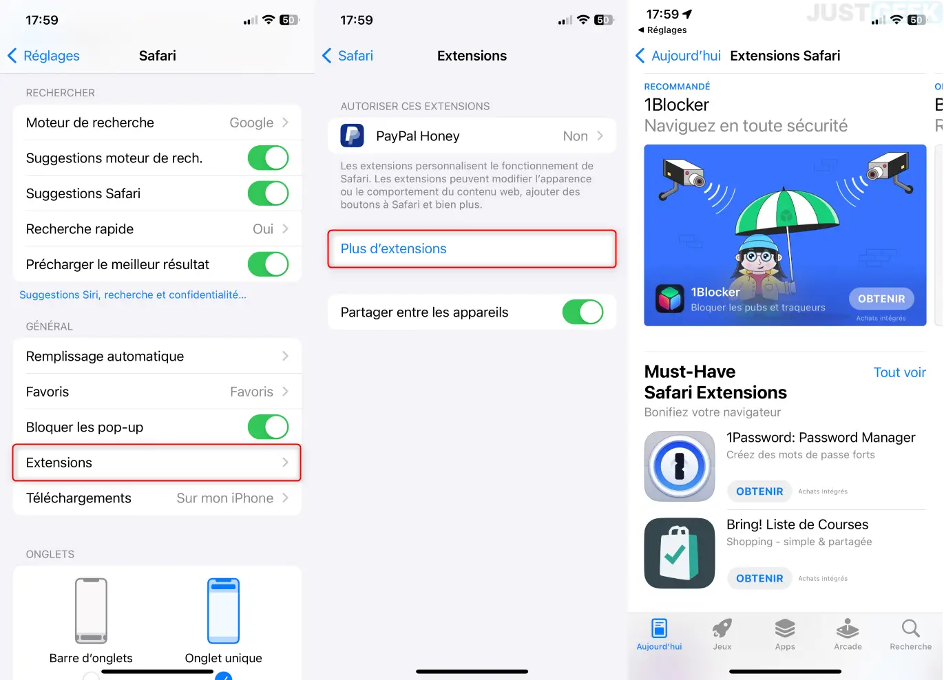 Navigateur Safari montrant sa compatibilité avec les extensions iOS.