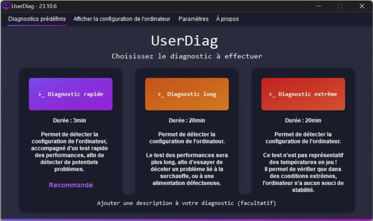 Interface du logiciel UserDiag
