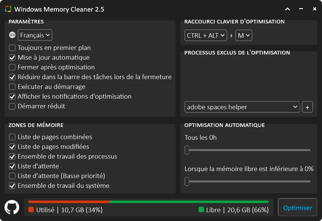 Interface du logiciel Windows Memory Cleaner