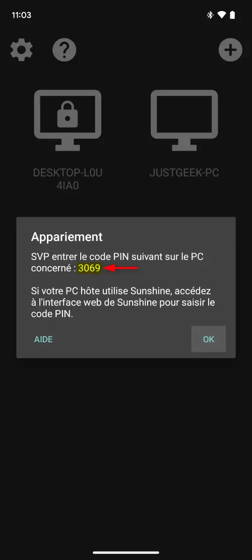 Code PIN généré affiché sur l'appareil mobile