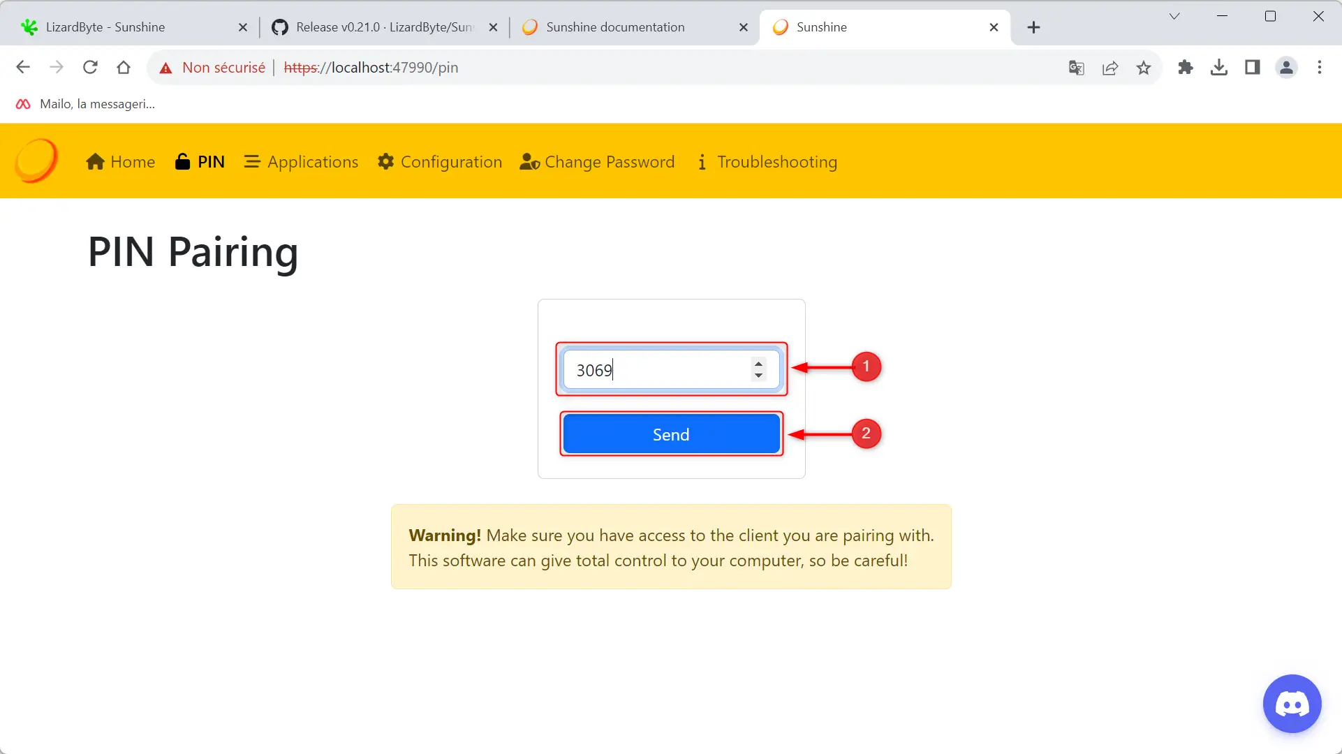 Bouton 'Send' sur l'interface de Sunshine après la saisie du code PIN