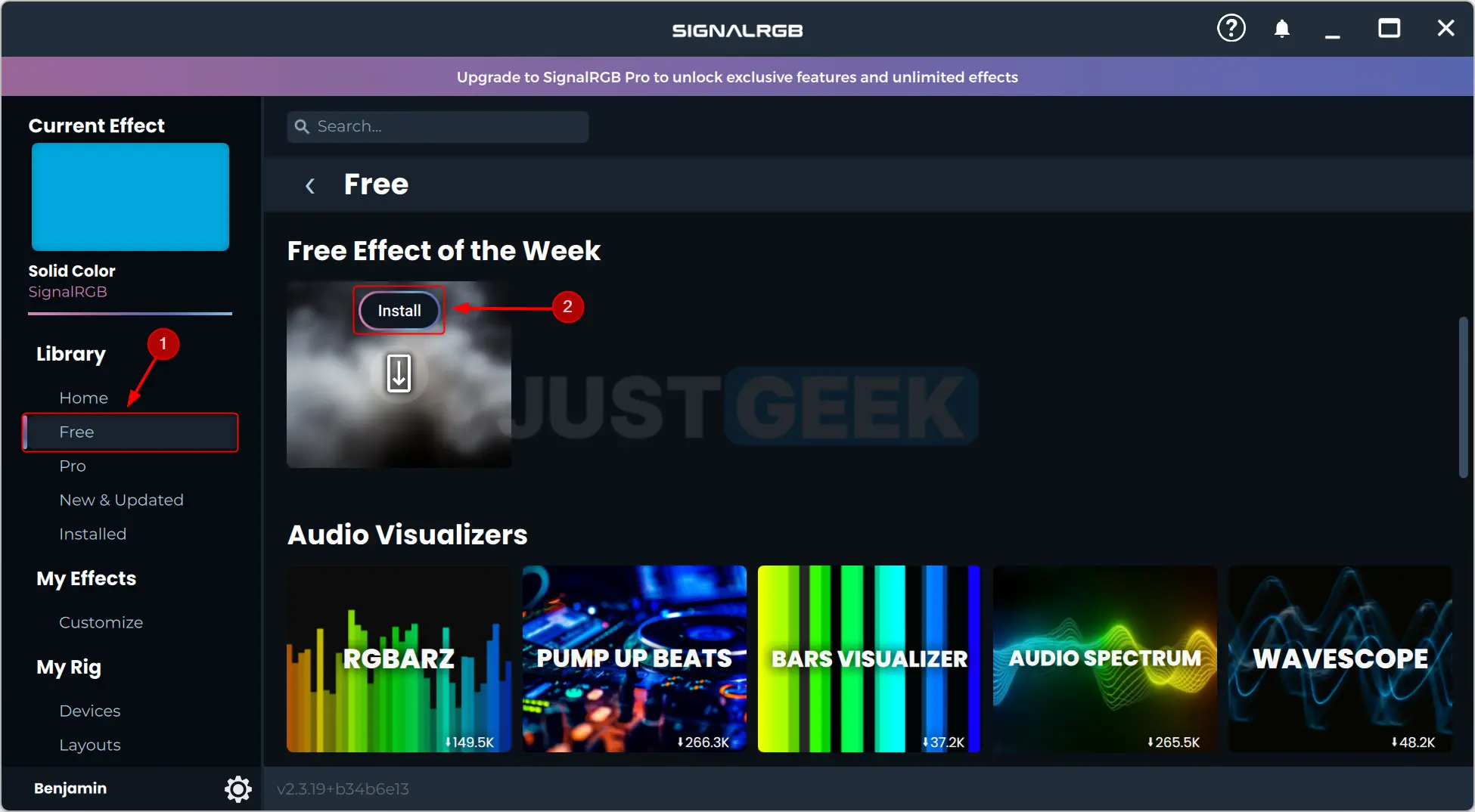 Section 'Free' pour télécharger de nouveaux effets gratuits dans SignalRGB