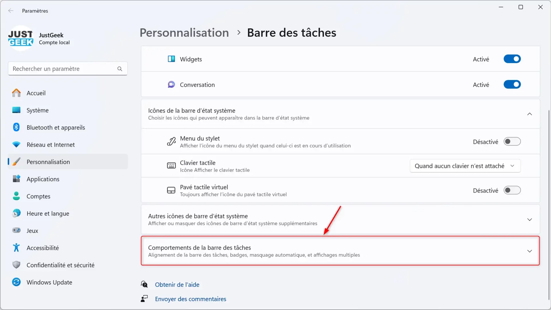 Comportements de la barre des tâches de Windows 11