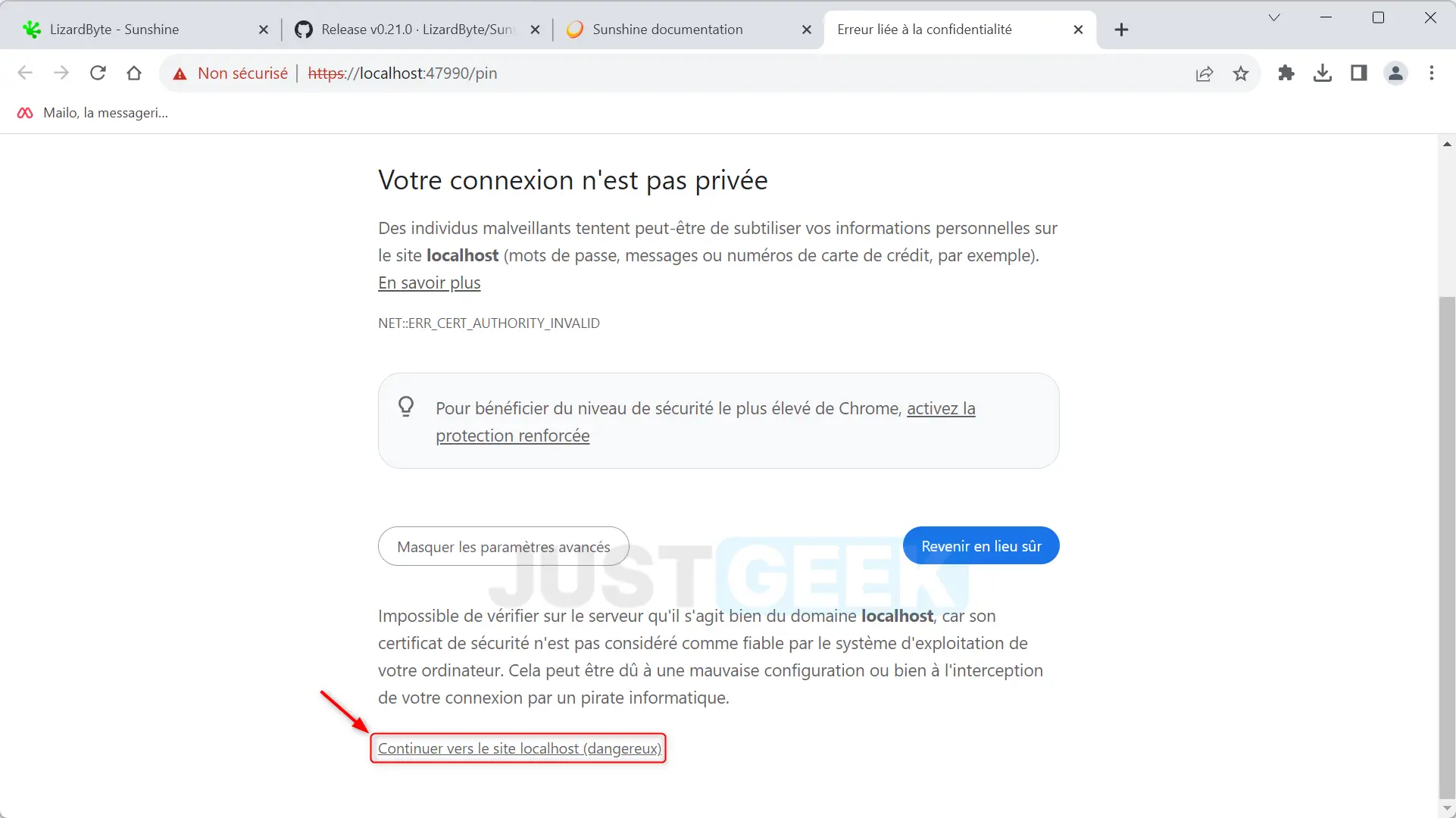 Bouton 'Continuer vers le site localhost' sur la page de configuration de Sunshine