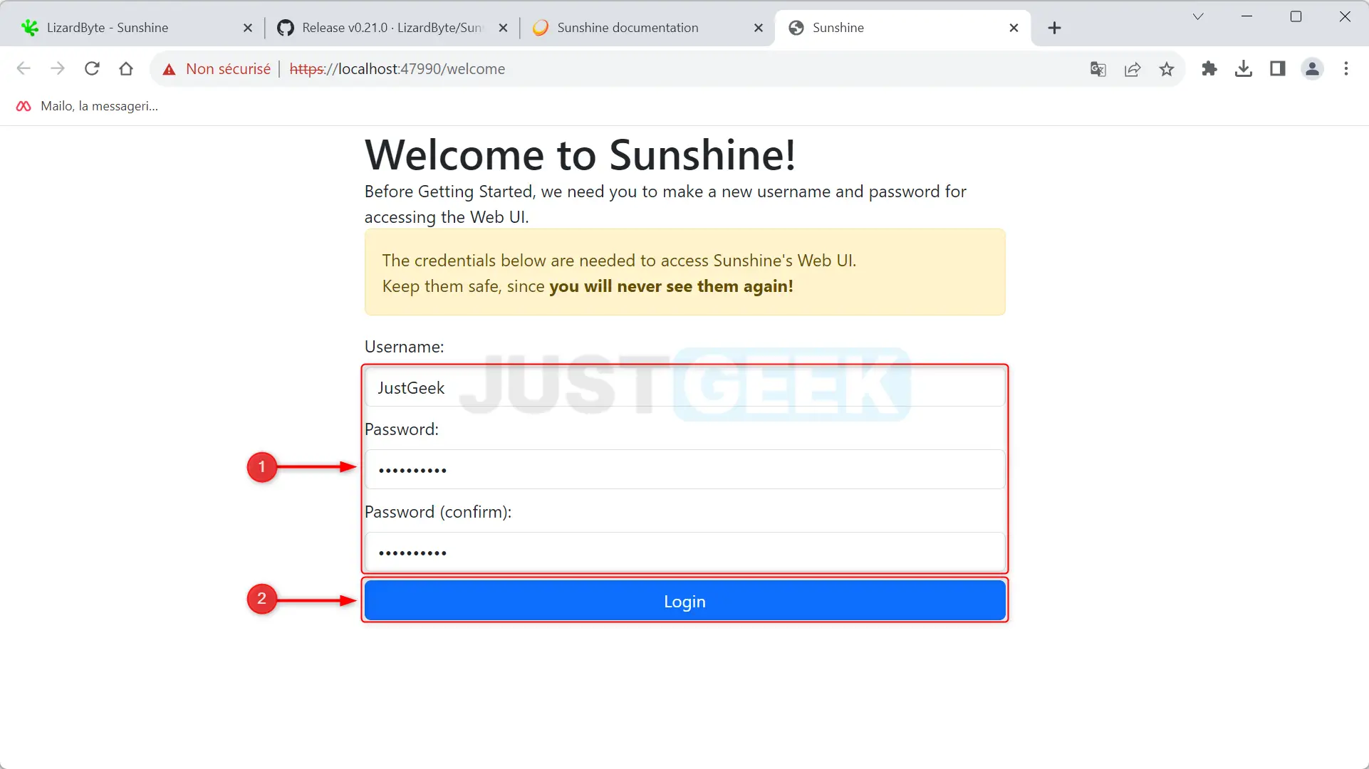 Champs de nom d'utilisateur et de mot de passe sur la page de configuration de Sunshine