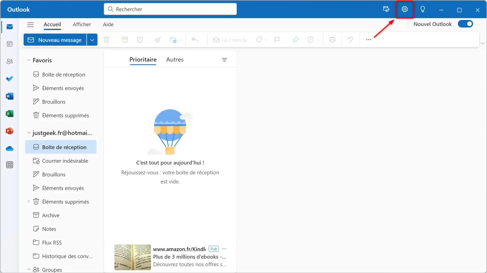 Icône Paramètres en forme de roue dentée dans Outlook