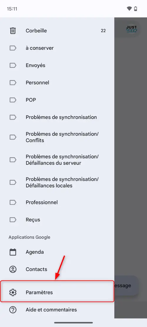 Option Paramètres dans le menu de l'application Gmail sur Android