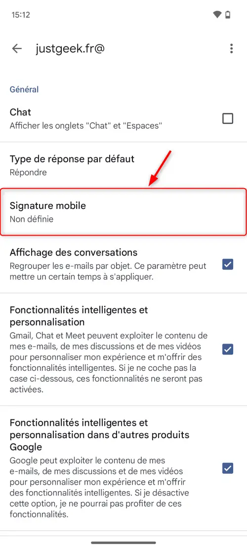 Option Signature mobile dans la section Général de l'application Gmail sur Android
