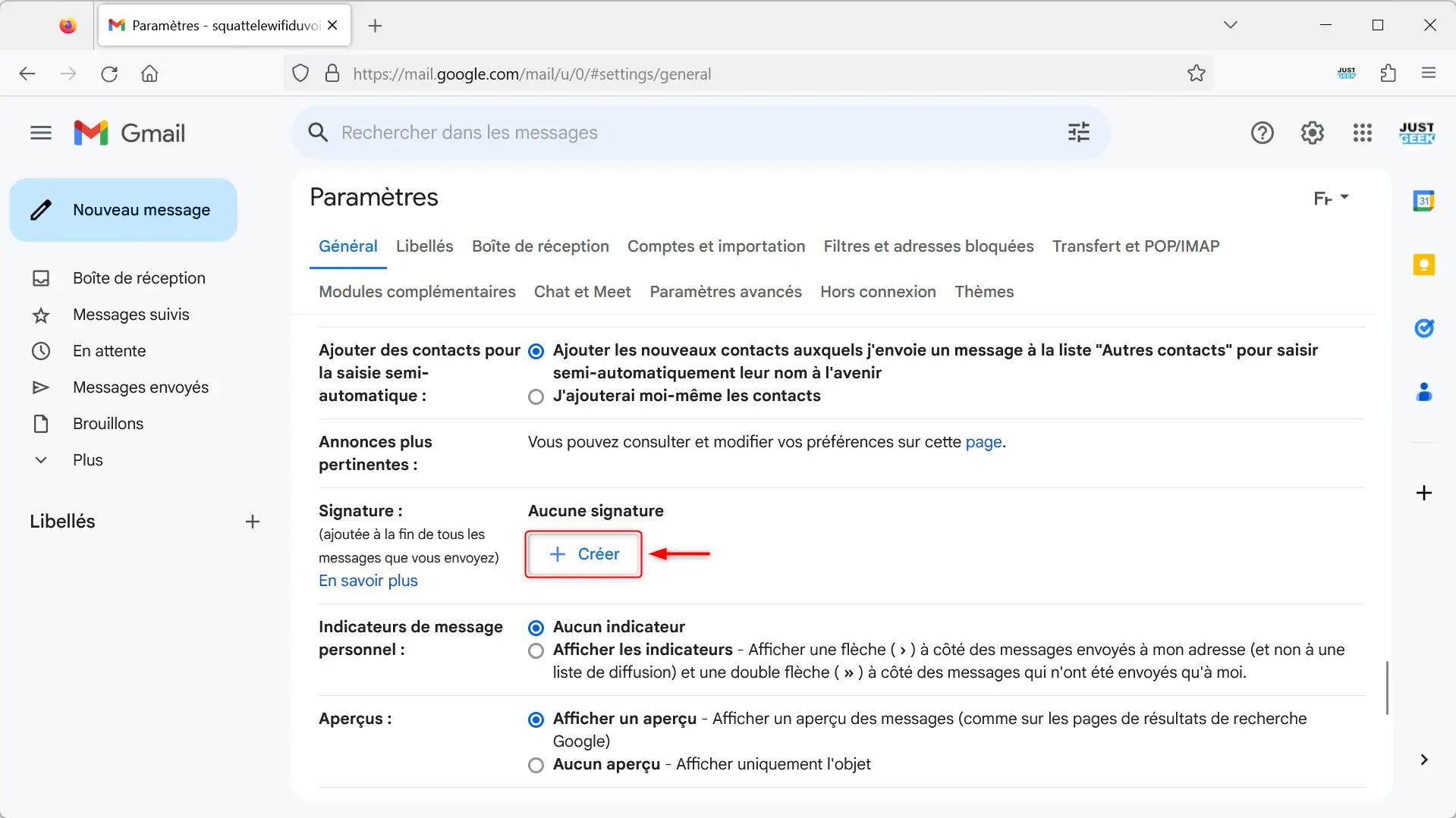 Bouton Créer pour nouvelle signature dans Gmail