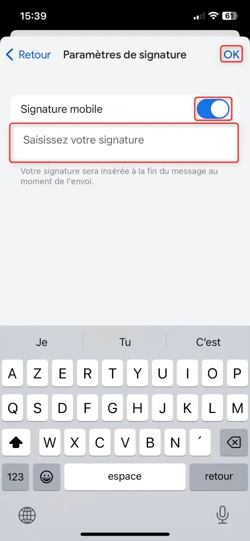 Champ pour saisir la signature dans l'application Gmail sur iOS