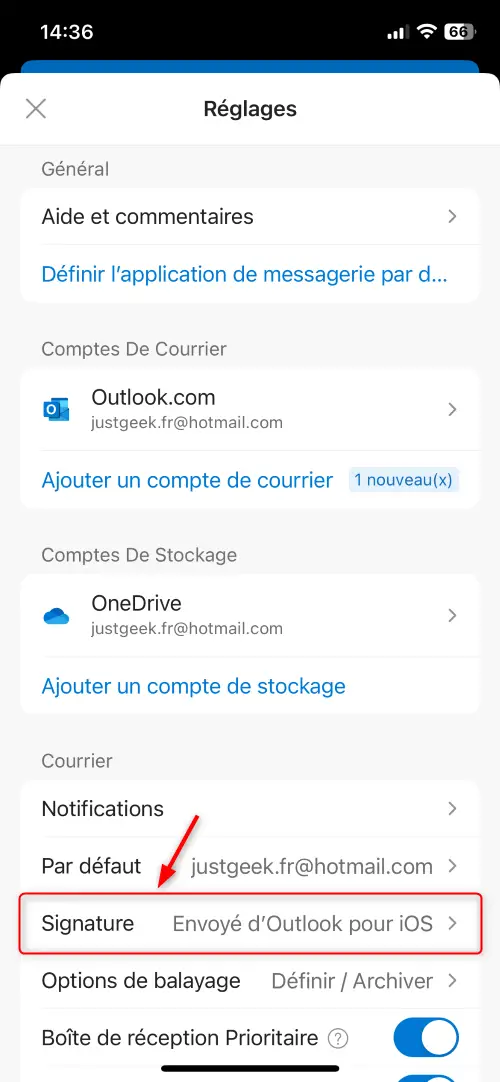 Option Signature dans la section Courrier de Outlook Android