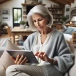 Photo d'une femme âgée avec une tablette tactile dans les mains, confortablement assise sur son canapé.