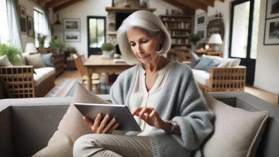 Photo d'une femme âgée avec une tablette tactile dans les mains, confortablement assise sur son canapé.