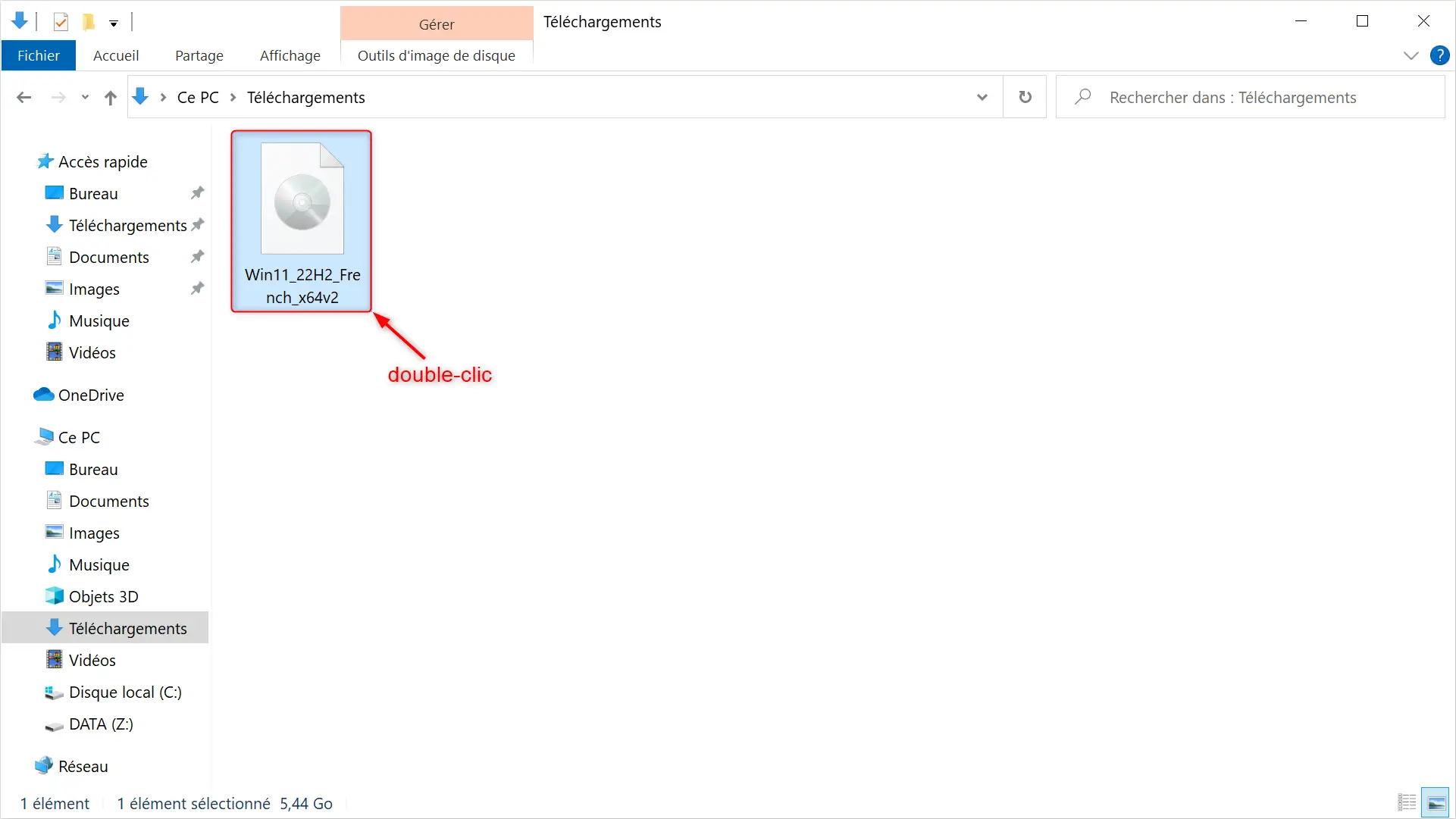 Montage de l'image ISO pour créer un lecteur virtuel contenant les fichiers d'installation