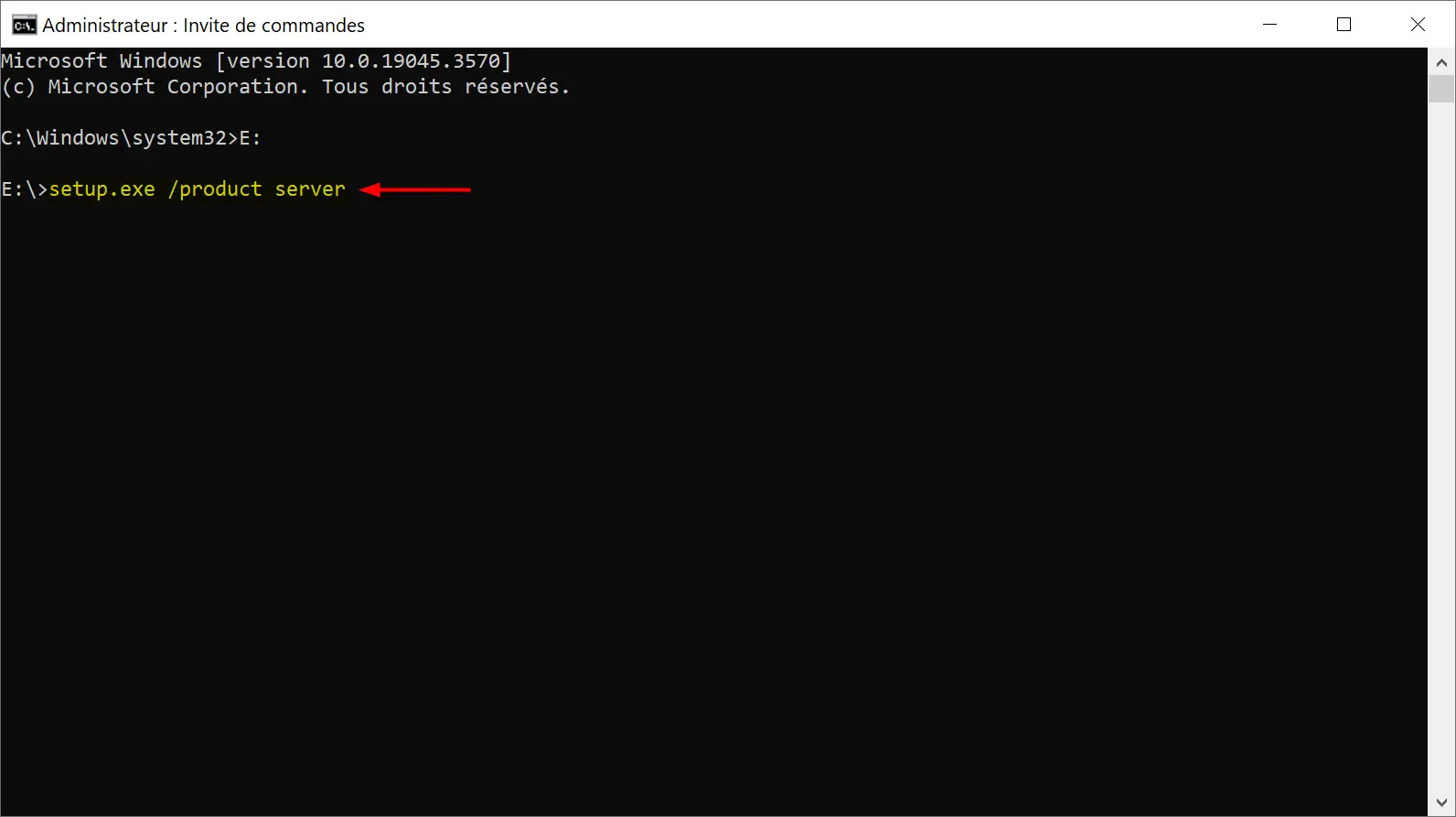 Saisie de la commande pour lancer le programme d'installation de Windows 11 avec un paramètre spécial