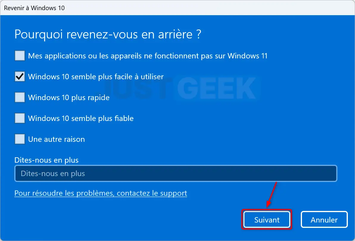 Dialogue de sélection de la raison pour rétrograder vers Windows 10
