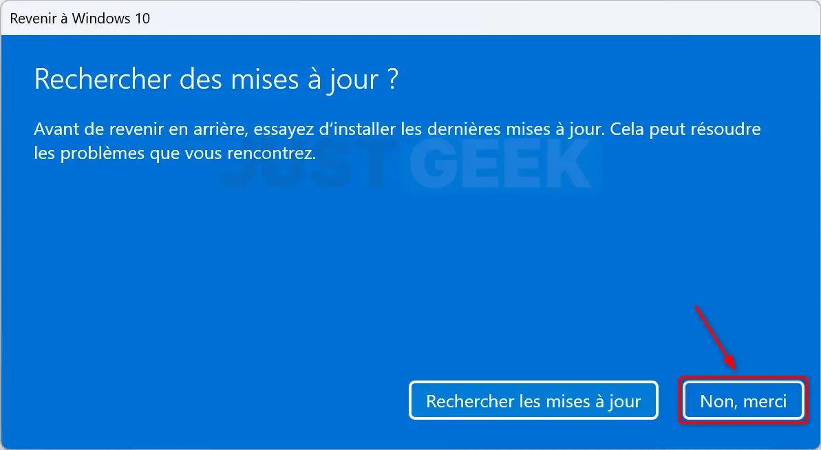 Option de recherche de mises à jour de Windows 11 avec le choix "Non, merci" sélectionné