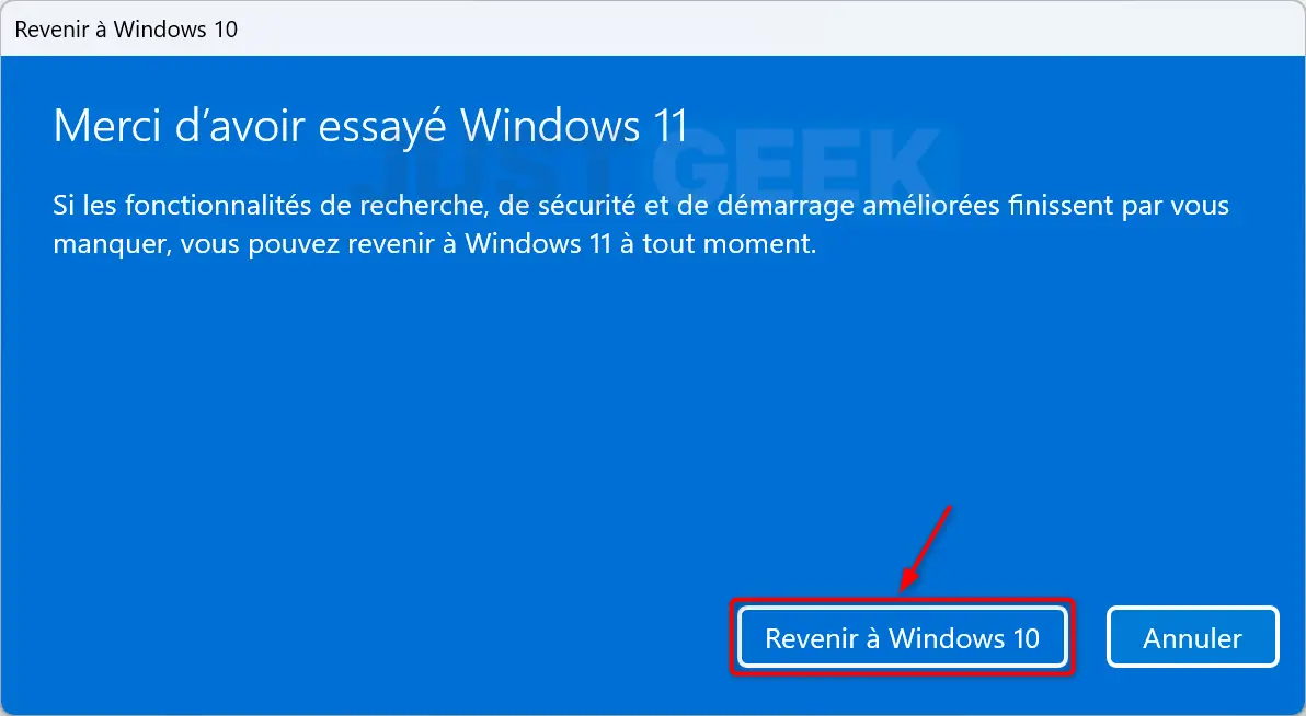 Bouton "Revenir à Windows 10" prêt à être cliqué