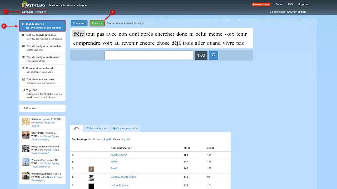 Capture d'écran montrant la sélection de la langue française dans le menu déroulant de la page d'accueil de 10FastFingers.com.