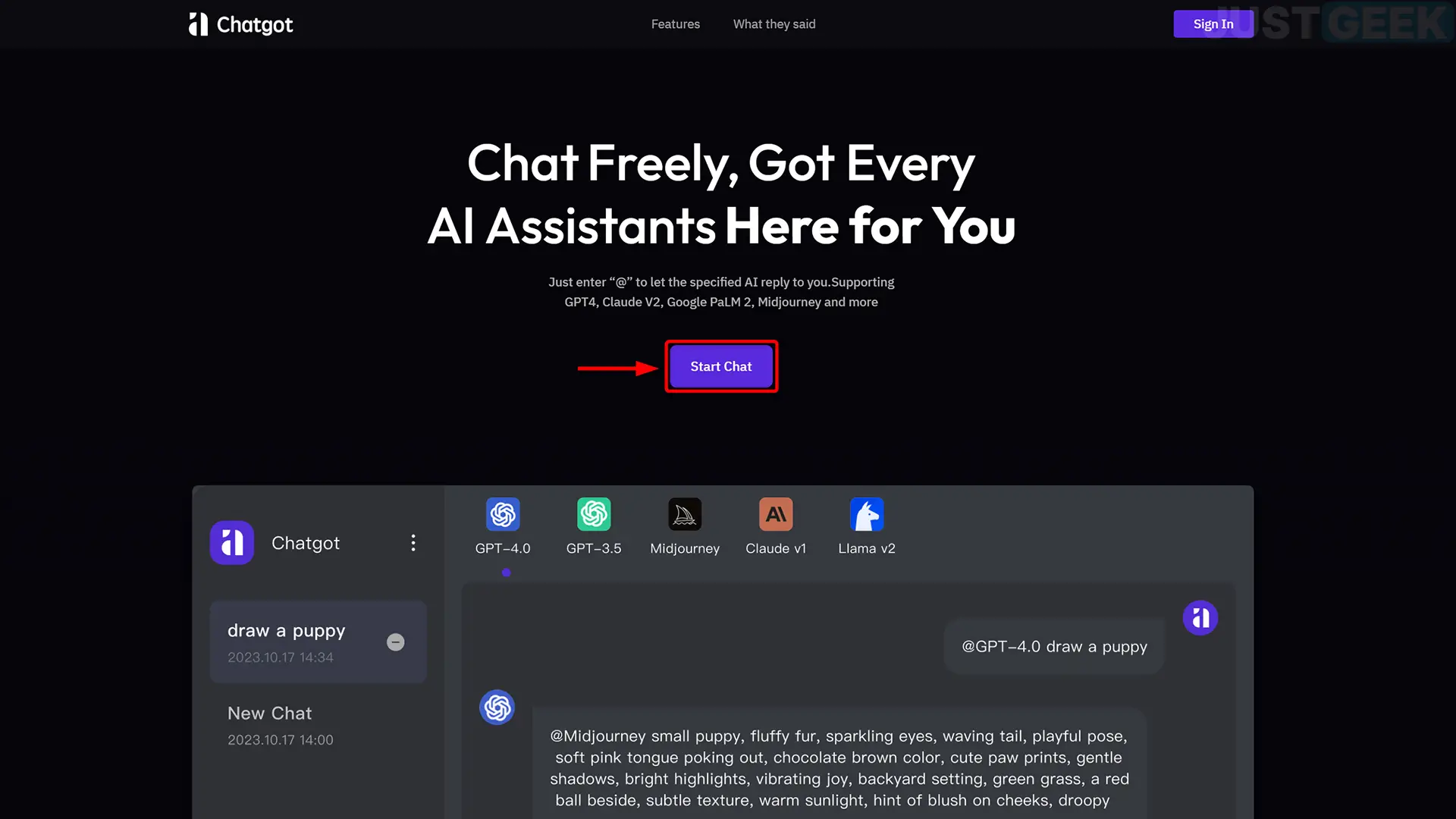 Capture d'écran de la page d'accueil de ChatGot avec un focus sur le bouton « Start Chat », un gros bouton visible au centre de la page.
